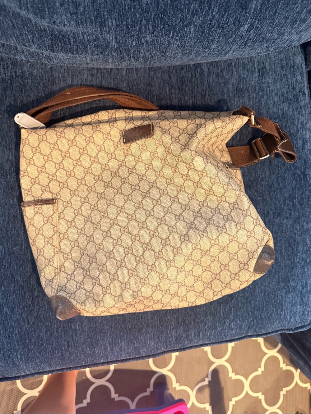 Gucci Beige GG Canvas Diaper Bag with Brown Leather Trim